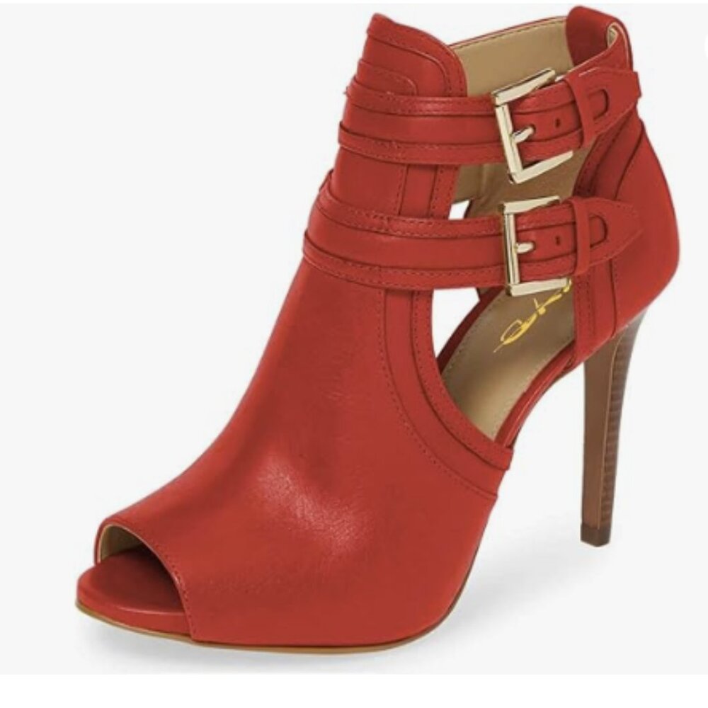 XYD Women Peep Toe Ankle Bootie High Heels Buckled Double Straps Cutout Red Boot